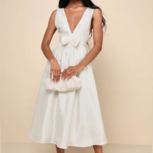 NWT Lulu’s Elegant Destiny Cream Sleeveless Bow Midi Dress large wedding guest